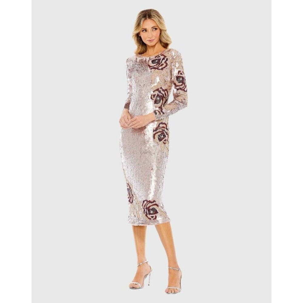 Mac Duggal Rose Gold Sequin Midi Dress with Floral Accents